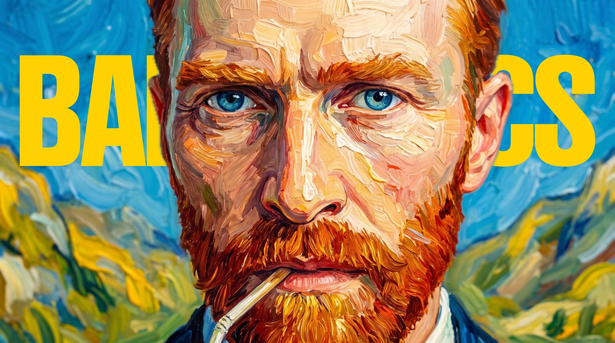 Oil-painted portrait of a red-bearded man in front of the word BARAHOLICS in yellow