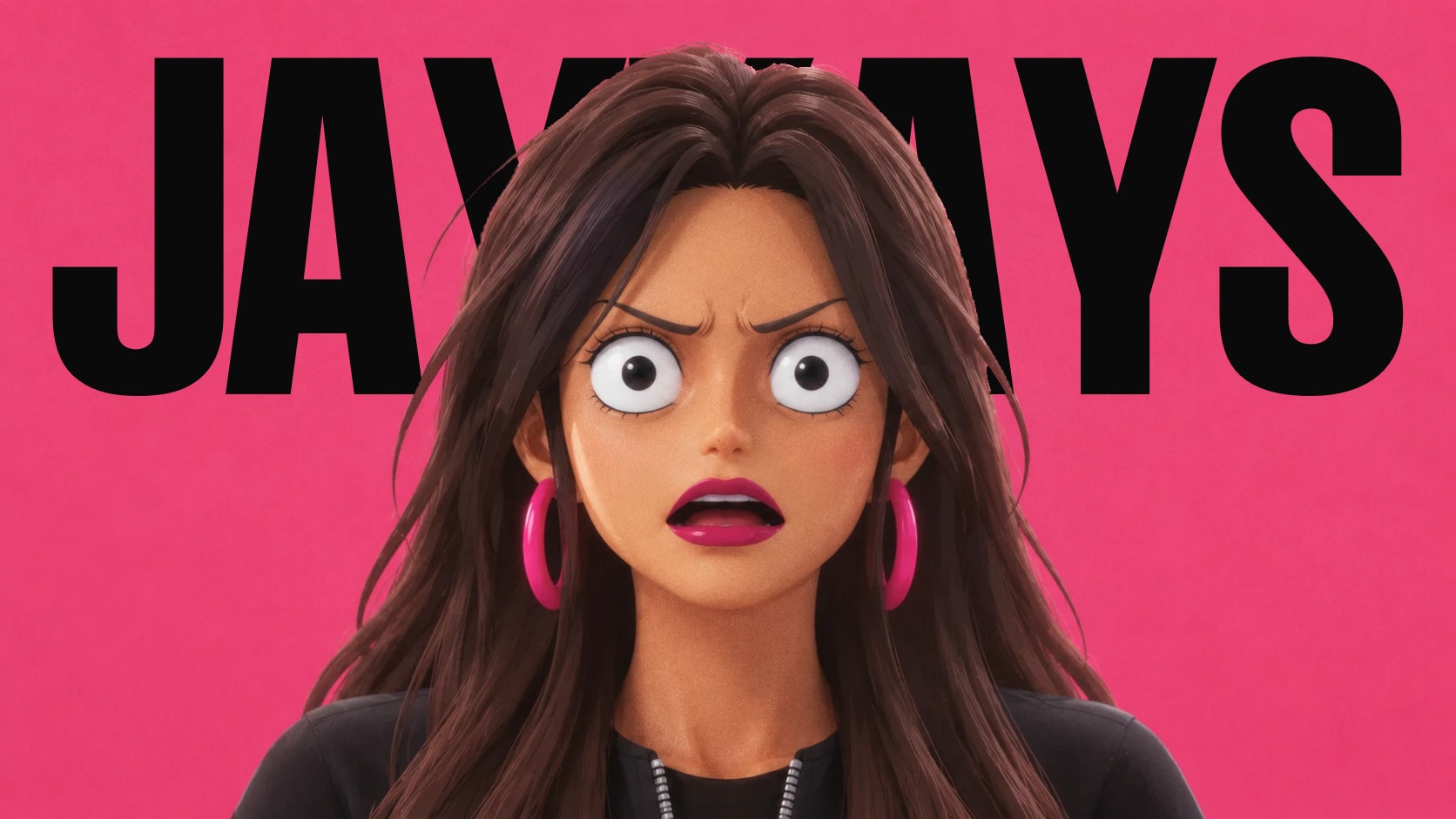 Illustrated woman with wide, startled eyes on pink, in front of the word JAYKAYS in black